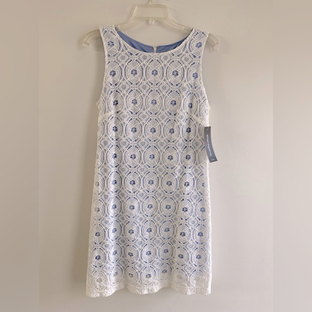 NWT Sharagano Petite 10 Sheath Dress Ivory Lace With Light Chambray Underneath